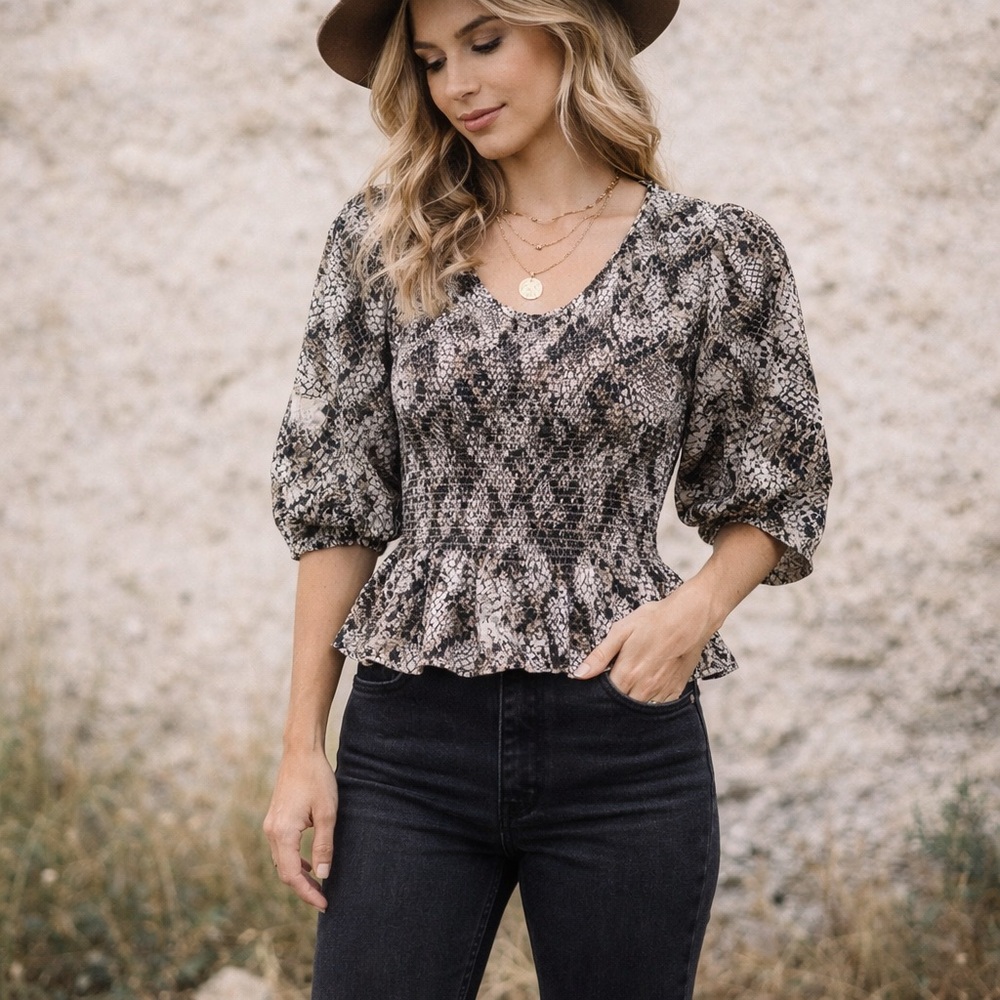 Free People Snake Print Smocked Peplum Blouse Puff Sleeve Python Boho Top Small